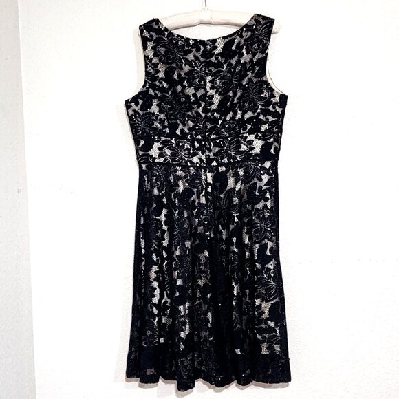 Tahari ASL Black Lace Sequin Dress Shimmery Gold Lining Fit & Flare - Picture 3 of 5